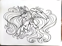 Size: 2048x1536 | Tagged: safe, artist:dandy, character:princess celestia, species:alicorn, species:pony, inktober, g4, black and white, clothing, crown, cutie mark, female, grayscale, hoof shoes, jewelry, long hair, mare, monochrome, necklace, peytral, regalia, shoes, smiling, solo, spread wings, tail, traditional art, wings