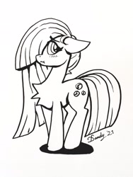 Size: 1536x2048 | Tagged: safe, artist:dandy, character:marble pie, species:earth pony, species:pony, inktober, g4, black and white, blushing, cutie mark, eyebrows, eyebrows visible through hair, female, floppy ears, grayscale, ink, looking sideways, mare, monochrome, one eye covered, solo, tail, traditional art