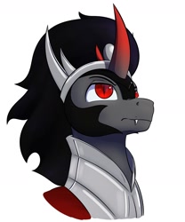 Size: 2000x2400 | Tagged: safe, artist:aquaticvibes, character:king sombra, species:pony, species:umbrum, species:unicorn, g4, armor, bust, crown, fangs, jewelry, looking up, male, regalia, sharp teeth, simple background, solo, sombra's horn, stallion, white background