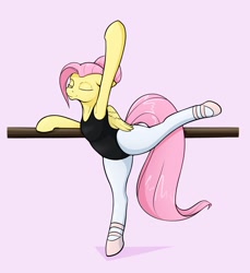 Size: 2200x2400 | Tagged: safe, artist:aquaticvibes, character:fluttershy, species:pegasus, species:pony, g4, balancing, ballet, ballet slippers, clothing, eyes closed, female, folded wings, leggings, leotard, mare, pink background, simple background, solo, standing on one leg, wings