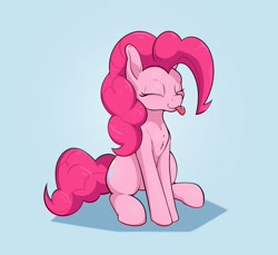 Size: 2400x2200 | Tagged: safe, artist:aquaticvibes, character:pinkie pie, species:earth pony, species:pony, g4, blep, blue background, cute, cutie mark, eyes closed, female, mare, mlem, silly, silly pony, simple background, sitting, solo, tongue out