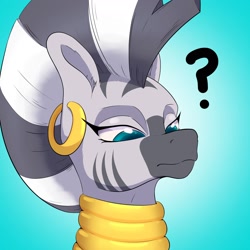 Size: 2200x2200 | Tagged: safe, artist:aquaticvibes, character:zecora, species:zebra, g4, blue background, ear piercing, earring, female, jewelry, lidded eyes, mohawk, neck rings, piercing, question mark, simple background, solo