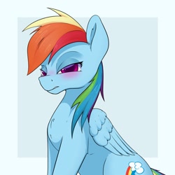 Size: 2000x2000 | Tagged: safe, artist:aquaticvibes, character:rainbow dash, species:pegasus, species:pony, g4, blushing, cutie mark, female, folded wings, gray background, gritted teeth, mare, narrowed eyes, simple background, solo, wings