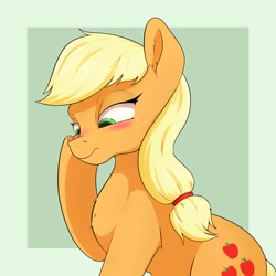 Size: 2000x2000 | Tagged: safe, artist:aquaticvibes, character:applejack, species:earth pony, species:pony, g4, blushing, cute, cutie mark, female, green background, hoof on head, jackabetes, lidded eyes, mare, ponytail, simple background, solo