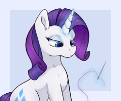 Size: 2400x2000 | Tagged: safe, artist:aquaticvibes, character:rarity, species:pony, species:unicorn, g4, blue background, cutie mark, eyeshadow, female, glowing horn, horn, lidded eyes, magic, makeup, mare, sewing needle, simple background, smiling, solo, telekinesis, thread