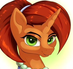 Size: 2100x2000 | Tagged: safe, artist:aquaticvibes, character:stellar flare, species:pony, species:unicorn, g4, female, green background, horn, jewelry, looking at you, mare, necklace, pearl necklace, simple background, smiling, solo