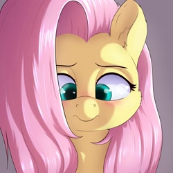 Size: 2000x2000 | Tagged: safe, artist:aquaticvibes, character:fluttershy, species:pegasus, species:pony, g4, blushing, cute, female, gray background, high res, lidded eyes, looking down, mare, shy, shyabetes, simple background, solo