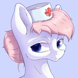 Size: 1800x1800 | Tagged: safe, artist:aquaticvibes, character:nurse redheart, species:earth pony, species:pony, g4, adoredheart, blue background, clothing, female, hair bun, hat, looking sideways, mare, nurse, nurse hat, simple background, solo