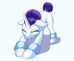 Size: 2000x1650 | Tagged: safe, artist:aquaticvibes, character:rarity, species:pony, species:unicorn, g4, bracelet, cutie mark, eyes closed, face down ass up, female, hair bun, jewelry, mare, simple background, solo, stretching, tail bun, white background, wristband