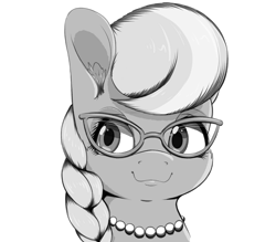 Size: 1600x1400 | Tagged: safe, artist:aquaticvibes, character:silver spoon, species:earth pony, species:pony, g4, braid, cute, female, filly, glasses, grayscale, jewelry, looking sideways, monochrome, necklace, pearl necklace, silverbetes, simple background, smiling, solo, white background, young