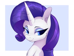 Size: 2100x1600 | Tagged: safe, artist:aquaticvibes, character:rarity, species:pony, species:unicorn, g4, blue background, eyeshadow, female, horn, lidded eyes, looking sideways, makeup, mare, portrait, simple background, smiling, solo