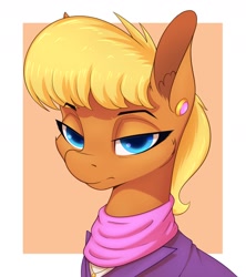 Size: 1600x1800 | Tagged: safe, artist:aquaticvibes, character:ms. harshwhinny, species:earth pony, species:pony, g4, business suit, clothing, ear piercing, earring, female, frown, jewelry, lidded eyes, looking at you, mare, neckerchief, orange background, piercing, portrait, simple background, solo, suit