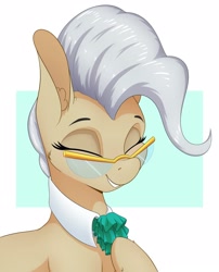 Size: 1700x2100 | Tagged: safe, artist:aquaticvibes, character:mayor mare, species:earth pony, species:pony, g4, collar, eyes closed, female, glasses, hoof on chest, hooves, mare, portrait, simple background, smiling, solo, teal background