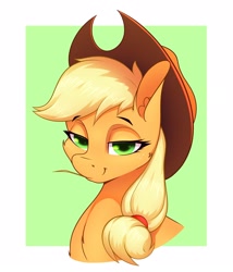 Size: 1800x2100 | Tagged: safe, artist:aquaticvibes, character:applejack, species:earth pony, species:pony, g4, applejack's hat, bust, clothing, cowboy hat, female, green background, hat, lidded eyes, looking at you, mare, ponytail, simple background, smiling, solo, stetson, straw in mouth