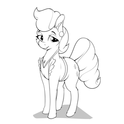 Size: 1600x1600 | Tagged: safe, artist:aquaticvibes, character:cup cake, species:earth pony, species:pony, newbie artist training grounds, g4, apron, atg 2021, black and white, clothing, cutie mark, female, grayscale, lidded eyes, looking sideways, mare, monochrome, simple background, smiling, solo, white background