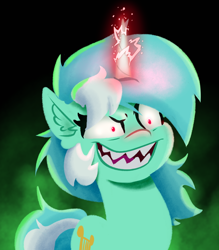 Size: 3500x4000 | Tagged: safe, artist:witchtaunter, character:lyra heartstrings, species:pony, species:unicorn, g4, g5, my little pony: a new generation, ear fluff, electricity, evil, evil grin, evil lyra heartstrings, female, g4 to g5, generation leap, glowing, glowing horn, grin, high res, horn, l.u.l.s., lineless, magic, magic aura, mare, possessed, sharp teeth, smiling, solo, teeth