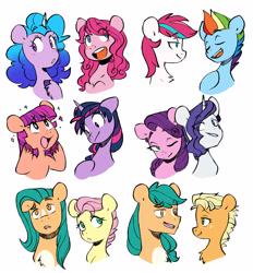 Size: 3244x3495 | Tagged: safe, artist:chub-wub, character:applejack, character:fluttershy, character:hitch trailblazer, character:izzy moonbow, character:pinkie pie, character:pipp petals, character:rainbow dash, character:rarity, character:sunny starscout, character:twilight sparkle, character:twilight sparkle (alicorn), character:zipp storm, species:alicorn, species:earth pony, species:pegasus, species:pony, species:unicorn, g4, g5, my little pony: a new generation, alternate hairstyle, blaze (coat marking), blushing, bust, chest fluff, coat markings, colored eyebrows, colored hooves, cute, eye clipping through hair, eyebrows, eyebrows visible through hair, female, freckles, g4 to g5, generation leap, gradient hair, hooves, looking at each other, mane g5, mane six, mane swap, mare, multicolored hair, one eye closed, open mouth, open smile, pipp wings, profile, simple background, smiling, starry eyes, three quarter view, unshorn fetlocks, white background