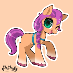 Size: 900x900 | Tagged: safe, artist:piripaints, character:sunny starscout, species:earth pony, species:pony, g5, braid, coat markings, cute, female, mare, one eye closed, open mouth, raised hoof, simple background, smiling, socks (coat marking), solo, unshorn fetlocks, wink
