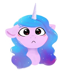 Size: 1103x1200 | Tagged: safe, artist:pucksterv, character:izzy moonbow, species:pony, species:unicorn, ponytober, g5, blushing, bust, cute, female, floppy ears, frown, gradient hair, mare, multicolored hair, no pupils, simple background, solo, stare, white background