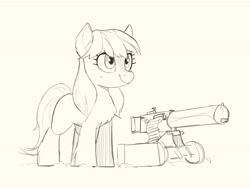 Size: 4096x3072 | Tagged: safe, artist:cadillacdynamite, oc, oc:frosty flakes, species:earth pony, species:pony, g4, chest fluff, cute, fluffy, gun, happy, machine gun, maxim gun, monochrome, simple background, sketch, smiling, snow mare, solo, three quarter view, weapon, white background, yakutian horse