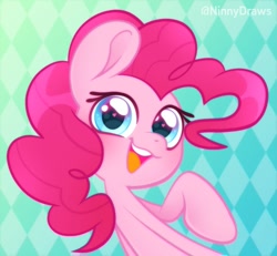 Size: 1200x1109 | Tagged: safe, artist:ninnydraws, character:pinkie pie, species:earth pony, species:pony, g4, bust, cute, female, mare, open mouth, raised hoof, simple background, smiling, solo