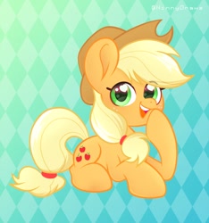 Size: 1124x1200 | Tagged: safe, artist:ninnydraws, character:applejack, species:earth pony, species:pony, g4, clothing, cute, female, hat, lying down, mare, open mouth, ponytail, simple background, smiling, solo