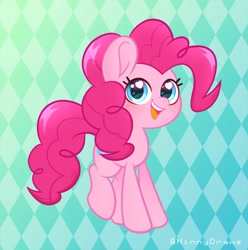 Size: 1191x1200 | Tagged: safe, artist:ninnydraws, character:pinkie pie, species:earth pony, species:pony, g4, cute, female, mare, open mouth, raised leg, simple background, smiling, solo