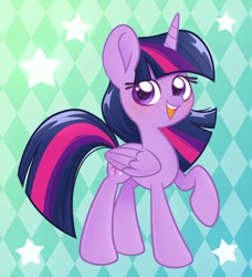 Size: 1094x1200 | Tagged: safe, artist:ninnydraws, character:twilight sparkle, character:twilight sparkle (alicorn), species:alicorn, species:pony, g4, cute, female, mare, open mouth, raised hoof, simple background, solo, stars