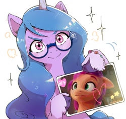 Size: 1200x1132 | Tagged: safe, artist:nendo, character:izzy moonbow, character:sunny starscout, species:earth pony, species:pony, species:unicorn, g5, best friends, bracelet, female, friendship, glasses, gradient hair, holding, jewelry, looking at you, mare, multicolored hair, photo, simple background, smug, solo, sparkles, unshorn fetlocks, white background