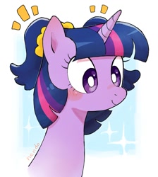 Size: 1076x1200 | Tagged: safe, artist:nendo, character:twilight sparkle, species:pony, species:unicorn, g4, alternate hairstyle, blushing, bust, cute, female, mare, pigtails, scrunchie, simple background, smiling, solo, sparkles, twintails