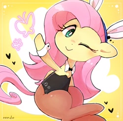 Size: 1200x1175 | Tagged: safe, artist:nendo, character:fluttershy, species:pegasus, species:pony, g4, bow tie, bunny ears, bunny suit, butterfly, clothing, costume, cute, female, fishnets, heart, leotard, mare, one eye closed, simple background, smiling, solo, stockings, thigh highs, waving, wink