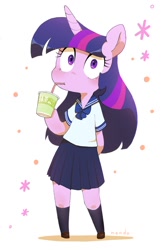 Size: 783x1200 | Tagged: safe, artist:nendo, character:twilight sparkle, species:anthro, species:pony, species:unicorn, g4, blushing, clothing, cup, drink, female, looking at you, school uniform, simple background, sipping, skirt, solo, sparkles, stockings, straw, surprised, thigh highs, uniform