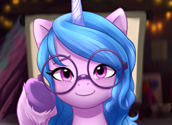 Size: 3106x2247 | Tagged: safe, artist:maren, character:izzy moonbow, species:pony, species:unicorn, g5, my little pony: a new generation, adjusting glasses, blurry background, bust, colored eyebrows, colored hooves, cute, female, fit right in (g5), full face view, glasses, gradient mane, high res, hooves, izzybetes, looking at you, mare, multicolored hair, round glasses, scene interpretation, smiling, solo, underhoof, unshorn fetlocks