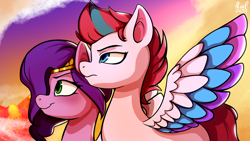Size: 1920x1080 | Tagged: safe, artist:alexsandercesa6, artist:alexsc112, character:pipp petals, character:zipp storm, species:pegasus, species:pony, g5, my little pony: a new generation, black outlines, circlet, colored wings, duo, female, mare, multicolored wings, pipp wings, profile, siblings, signature, sisters, sky background, spread wings, wings