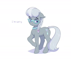 Size: 1965x1630 | Tagged: safe, artist:aquaticvibes, character:silver spoon, species:earth pony, species:pony, newbie artist training grounds, g4, atg 2021, braid, braided ponytail, cutie mark, dialogue, female, filly, glasses, hooves, jewelry, necklace, one hoof raised, pearl necklace, simple background, solo, tail, text, white background, young