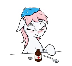 Size: 1399x1291 | Tagged: safe, artist:aquaticvibes, character:nurse redheart, species:earth pony, species:pony, newbie artist training grounds, g4, atg 2021, eyes closed, female, floppy ears, hot water bottle, mare, medicine, nose wrinkle, sick, simple background, solo, spoon, white background
