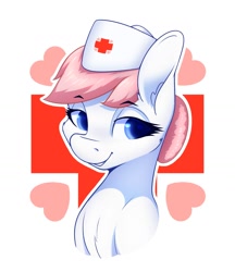 Size: 1494x1732 | Tagged: safe, artist:aquaticvibes, character:nurse redheart, species:earth pony, species:pony, g4, bust, clothing, cutie mark, cutie mark background, female, hair bun, hat, looking sideways, mare, nurse hat, smiling, solo