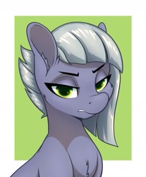 Size: 1638x1975 | Tagged: safe, artist:aquaticvibes, character:limestone pie, species:earth pony, species:pony, g4, female, frown, green background, lidded eyes, looking at you, mare, simple background, solo