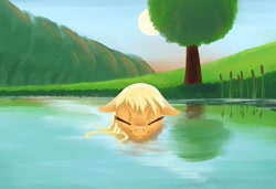 Size: 1758x1202 | Tagged: safe, artist:aquaticvibes, character:applejack, species:earth pony, species:pony, newbie artist training grounds, g4, atg 2021, cute, eyes closed, female, floppy ears, jackabetes, mare, missing accessory, pond, sky, smiling, solo, sun, sweet apple acres, sweet dreams fuel, swimming, tree, water