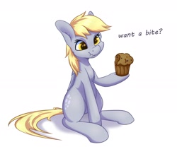 Size: 1950x1703 | Tagged: safe, artist:aquaticvibes, character:derpy hooves, species:pegasus, species:pony, newbie artist training grounds, g4, atg 2021, crumbs, cutie mark, dialogue, eating, female, food, looking at you, mare, muffin, sharing, simple background, sitting, solo, text, white background