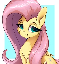 Size: 2238x2400 | Tagged: safe, artist:aquaticvibes, character:fluttershy, species:pegasus, species:pony, g4, cutie mark, female, lidded eyes, looking at you, mare, simple background, smiling, solo, teal background, wings