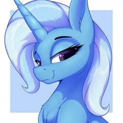 Size: 2400x2400 | Tagged: safe, artist:aquaticvibes, character:trixie, species:pony, species:unicorn, g4, blue background, female, horn, lidded eyes, looking at you, looking sideways, looking sideways at you, mare, portrait, simple background, smiling, solo
