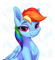Size: 2017x2205 | Tagged: safe, artist:aquaticvibes, character:rainbow dash, species:pegasus, species:pony, g4, female, lidded eyes, looking at you, mare, portrait, simple background, smiling, solo, wings