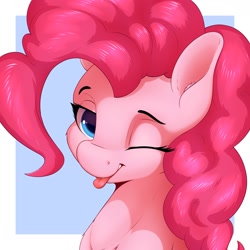 Size: 2400x2400 | Tagged: safe, artist:aquaticvibes, character:pinkie pie, species:earth pony, species:pony, g4, blep, blue background, bust, cute, female, mare, mlem, one eye closed, simple background, solo, tongue out, wink