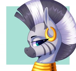 Size: 2400x2224 | Tagged: safe, artist:aquaticvibes, character:zecora, species:zebra, g4, bust, ear piercing, earring, female, green background, jewelry, looking at you, looking sideways, looking sideways at you, neck rings, piercing, portrait, simple background, smiling, solo
