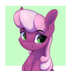 Size: 2547x2568 | Tagged: safe, artist:aquaticvibes, character:cheerilee, species:earth pony, species:pony, g4, bust, female, green background, looking sideways, mare, portrait, simple background, smiling, solo