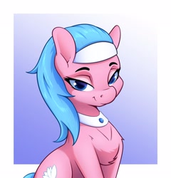 Size: 2498x2600 | Tagged: safe, artist:aquaticvibes, character:aloe, species:earth pony, species:pony, g4, blue background, chest fluff, collar, cutie mark, female, headband, lidded eyes, looking at you, mare, simple background, smiling, solo
