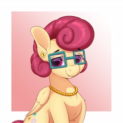 Size: 3200x3200 | Tagged: safe, artist:aquaticvibes, character:posey shy, species:pegasus, species:pony, g4, chest fluff, cutie mark, ear piercing, earring, female, folded wings, glasses, jewelry, mare, necklace, piercing, pink background, simple background, smiling, solo, wings