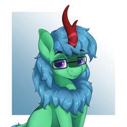Size: 3200x3200 | Tagged: safe, artist:aquaticvibes, oc, oc only, species:kirin, g4, blue background, commission, glasses, horn, looking at you, male, simple background, smiling, solo