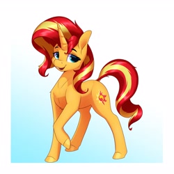 Size: 3200x3200 | Tagged: safe, artist:aquaticvibes, character:sunset shimmer, species:pony, species:unicorn, g4, my little pony:equestria girls, cutie mark, female, hooves, horn, looking sideways, mare, one hoof raised, open mouth, simple background, smiling, solo